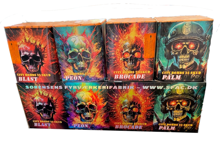 City-Bombs. Blast 25 skud. 20mm guld med bl� og gr�nne strober.