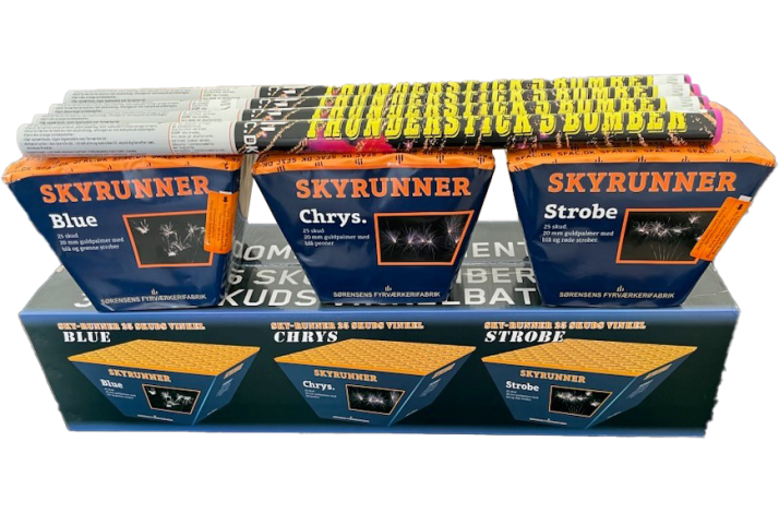 Sky-runner. Strobe. 25 skud.20mm guldpalmer m. bl� og gr�n strobe. Vinkel.