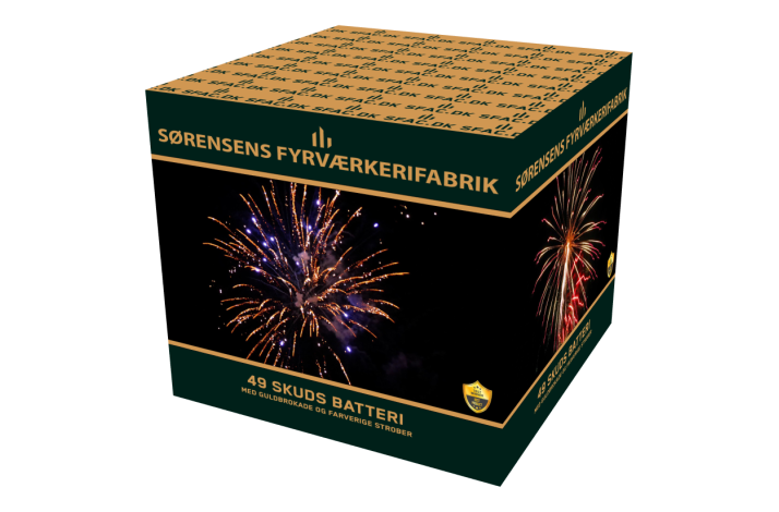 49 skud 20 mm Goldbrokade med farverige strober.