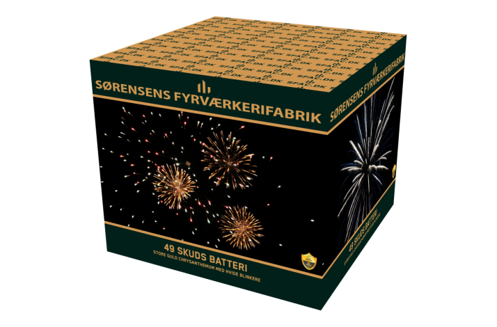 49 skud 25 mm store guld chrysanthemum med hvide blinkere.