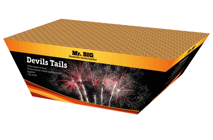 Mr.BIG. Devils Tail. Triple Bombs 50 skud. 30 mm. Enorme willow med farverskift og glitter, Vinkel.